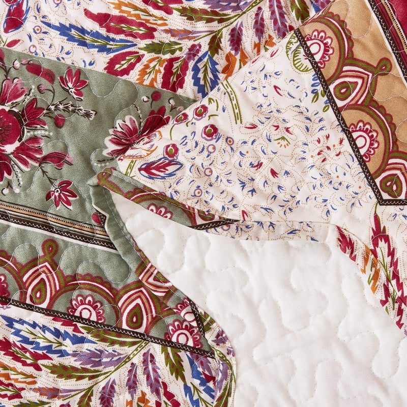 DaDa Bedding Bohemian Quilted Floral Bedspread Set - Rustic Cranberry Red Sage Green Chevron Paisley Filigree Lightweight Coverlet - Scalloped Edges Colorful Orange & Ivory White - King - 3-Pieces - Image 5